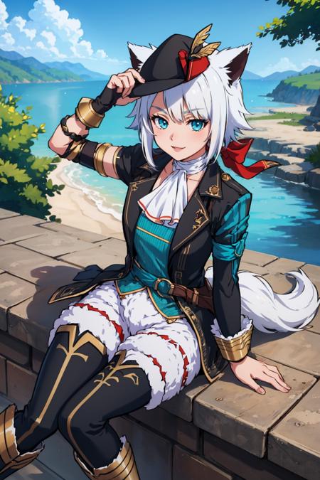 masterpiece, best quality,  <lora:yswhitecat-nvwls-v1-000008:0.9> ysWhiteCat, hat, cat ears, white ascot, black coat, blue shirt, armlet, black gloves, white shorts, fur trim, tail, thigh boots, sitting, looking at viewer, smile, from above, village, blue sky