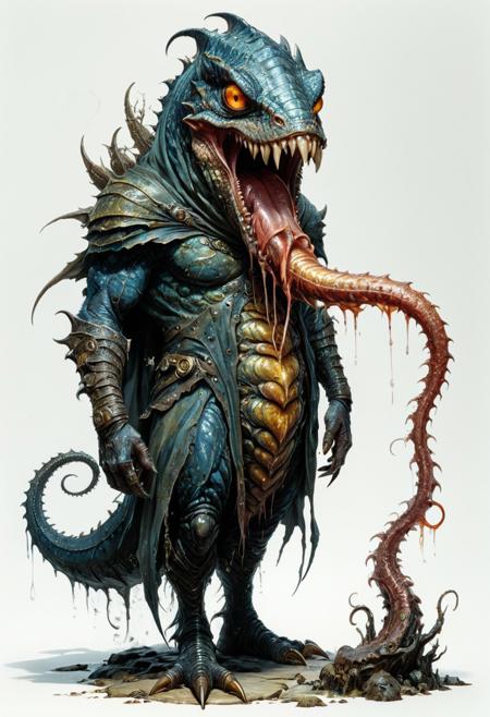 full body, lineart, concept art, a misshapen, beefy leech-like monster stands on a tentacle-like foot, glowing eyes, beak  with big teeth, spits poisonous saliva, watercolor wash, approaching perfection, pure form,  minimalistic, unfinished, concept art by Brian Froud and Carne Griffiths, intricate details, 8k post production, high resolution, hyperdetailed, trending on artstation, sharp focus, studio photo, intricate details, highly detailed, by greg rutkowski<lora:xl_more_art-full_v1:0.5>
dungeon and dragon , fantasy,  detailed_eye_model, white background, red olive blue yellow