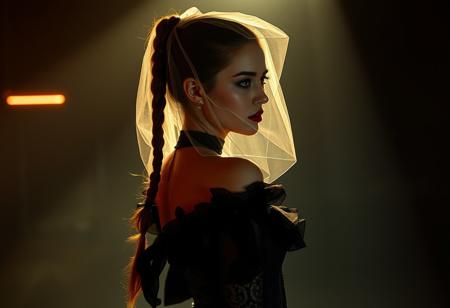 breathtaking, shadowed lighting, masterwork HD digital photo, cyberpunk setting, sleek beautiful female, intricate goth style, slippery latex infused Victorian gown, shoulder pelerine,  tall raised high genies ponytail braid pulled through mantilla/veil,