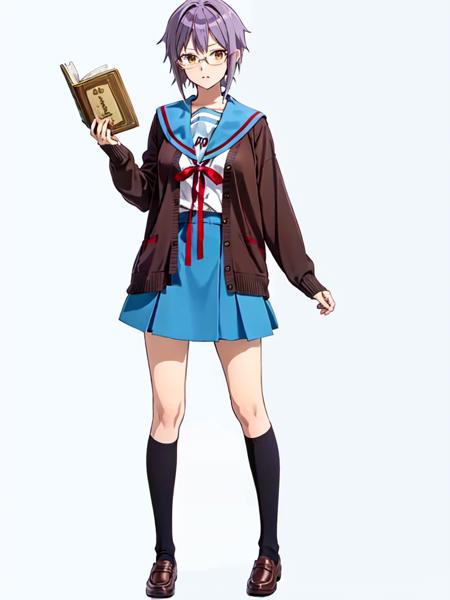 masterpiece, best quality, ultra-detailed, illustration,
kita high school uniform, 1girl, school uniform, solo, nagato yuki, serafuku, skirt, winter uniform, sailor collar, blue sailor collar, short hair, blue skirt, cardigan, purple hair, glasses, open clothes, open cardigan, socks, shoes, red ribbon, kneehighs, brown eyes, ribbon, holding book, full body, brown cardigan, long sleeves, simple background, white background,
<lora:kitakouseifuku:0.8>