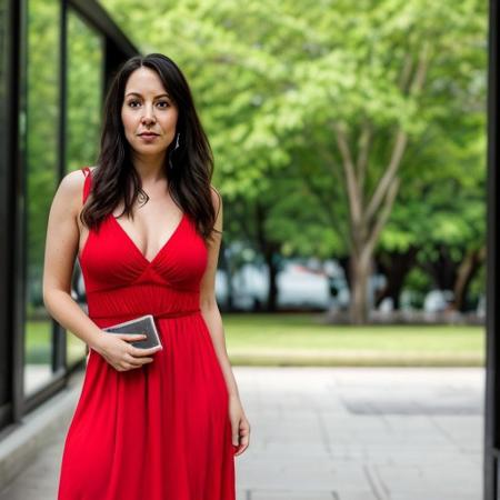 a young adult woman with long red dress looks at viewer sensually