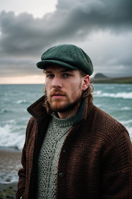 RAW candid cinema,16mm,color graded portra 400 film,remarkable color,ultra realistic, dramatic lighting,
analog photo,silhouette,spotlight,close up portrait,rough sea background, bad weather, storm approaching, outdoor, 
Irish man, age 35, standing at shore, wearing flat cap, cozy sweater, wild hair,
BREAK
BREAK
patchwork style, grey flat cap, Irish cap,
BREAK
weathered face, serious facial expression, detailed face, detailed skin, visible pores, wild hair,
BREAK
knitted scarf, cozy knitted sweater, dark brown, jacket,
 <lora:skin_slider_v10:0.8> <lora:detail_slider_v4:2> <lora:epiCRealismHelper:0.7>