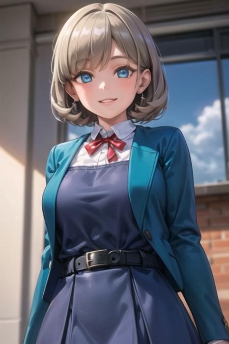 (masterpiece, best quality, ultra-detailed), (illustration), (beautiful detailed eyes), (1girl), (solo),  <lora:keke_v1:0.75>, tang keke, gray hair, short hair, blue eyes, parted lips, smile, closed mouth, medium breast, school unifrom, blue jacket, grey dress, belt,