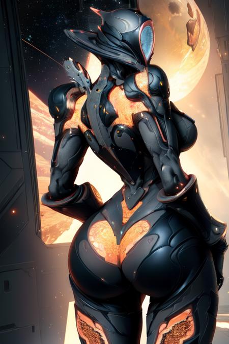 citrine, helmet,  leaning forward,  
 upper body, standing, from behind,     large breasts,  hips, cameltoe, 
 solo, space ship, stars,  warframe,   cowboy shot, 
(insanely detailed, masterpiece, best quality) 
 <lora:citrine:0.8>