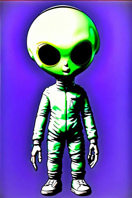 skinny_bob, pixellated Green alien in the style of Mark Ryden, (big black oval eyes), silver spacesuit, martian, raygun, 2d render icon, cute, sticker art, vibrant colors, moon surface bg, south park, centered full body in center of frame, smooth, (hello kitty art), minimal detail, bright lighting