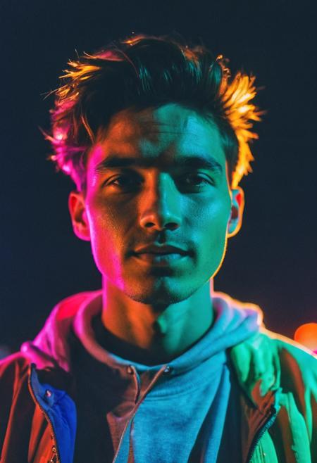 go pro photo, half body,1man, 25 y.o. , night , low andle, bright clothes 90's, grainy photo, analogue glitch effect, neon light