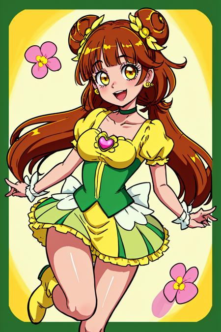 1girl, solo, yotsuba alice, long hair, jewelry, twintails, short sleeves, smile, hair ornament, bike shorts, heart brooch, shorts, hair flower, shiny, shiny hair, brooch, very long hair, green choker, double bun, looking at viewer, earrings, hair bun, choker, brown hair, bow, bangs, yellow eyes, yellow shorts, breasts, open mouth, floating hair, yellow dress, thigh gap, standing, short shorts, flower, standing on one leg, dress, boots, shorts under dress, puffy sleeves, ribbon, shorts under skirt, puffy short sleeves, short dress, skirt, :d, <lora:Prettycure v2:0.6>