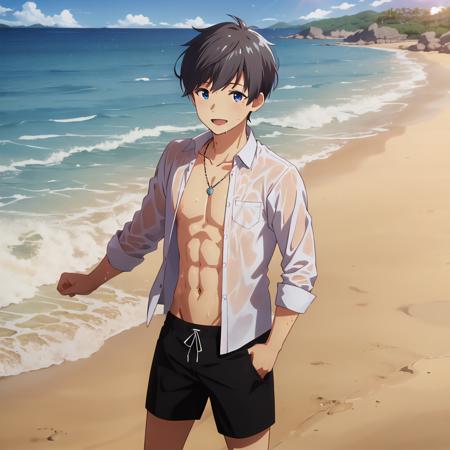 (high quality, best quality), 1boy, solo, kohei makino, shorts,open_shirt, abs, wet, <lyco:makino-000016:0.75>, looking_at_viewer, smile, beach, ocean, day, sun, lens_flare, hdr