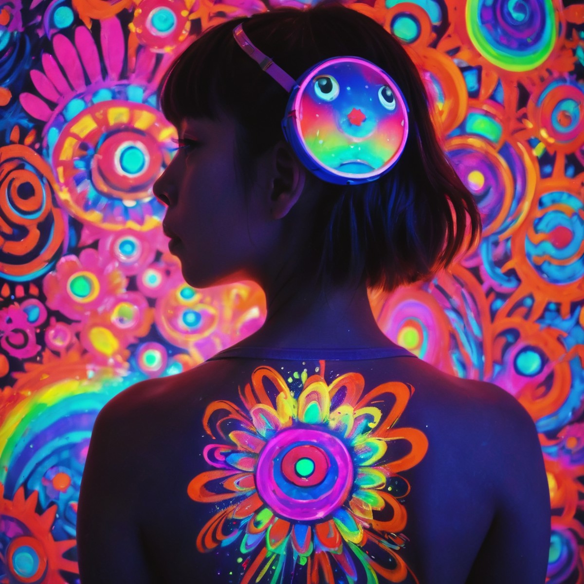 blacklight uv painted on the back of a girl depicting art in the style of Takashi Murakami