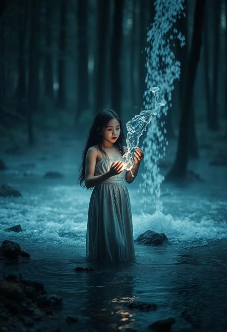 A 35-year-old girl in the forest uses water magic, horror, dark forest, controls a large flow of water