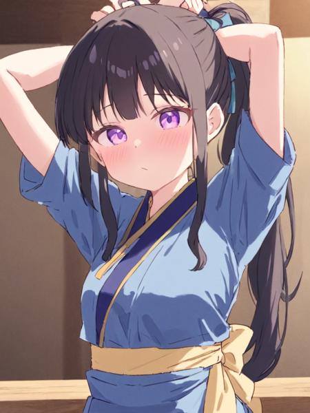 <lora:äºä¹ä¸æ³·å¥:1>,1girl, inoue_takina, solo, long_hair, purple_eyes, japanese_clothes, blue_kimono, kimono, bangs, black_hair, blush, looking_at_viewer, closed_mouth, tasuki, ribbon, arms_up, ponytail, tying_hair, waitress, apron, upper_body, sash, waist_bow, adjusting_hair, waist_apron