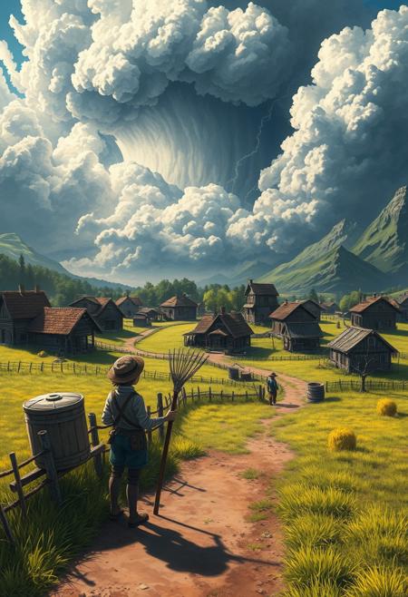 High detail, anime landscape drawing masterpiece, villager with a pitchfork looking at the far away skies, epic art, bright colors, huge shadows, Surreal landscape of a fantasy village, houses made out of wood with dirt roads, hay stacks, well, different roofs, some houses are multi story, detailed whet field, at the background there is a huge storm coming consuming the calm skies, surreal thunders coming out of that detailed sky, far from a peaceful village, corrupt ground under the storm far away, great sense of scale, mountains to the right side of the frame, UHD, very good quality, trending on artstation, slight fog,