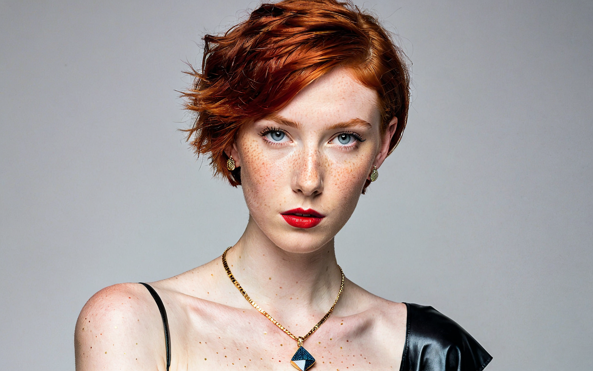 A striking professional headshot of a young 19-year-old woman with modern short red hair. Her skin is pale white, adorned with a few freckles. She is wearing a black tight latex dress with a shoulder slit, accentuated by a gold necklace featuring a blue red diamond pendant. Her fashionable metallic red fingernails contrast with her overall attire. The photo was taken in a studio with a white background, and the subject is posing confidently, looking directly into the camera with one hand on her chin.