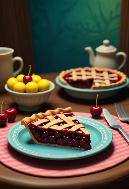 claymation, novuschroma51 style, Cherry pie slice on a plate, on a table. The claymation background has a whimsical, storybook-like charm, reminiscent of classic stop-motion animation. (masterpiece: 2), best quality, ultra highres, original, extremely detailed, perfect lighting)