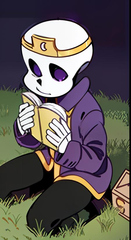 nightmare!sans, skeleton, dark purple jacket, black pants, dark purple boots, lavender pupils, golden moon crown, golden belt has NM sign, standing still, solo, cartoon, cartoon eyes, simple background, crawl into ball, from above, holding book, confused, sitting on grass