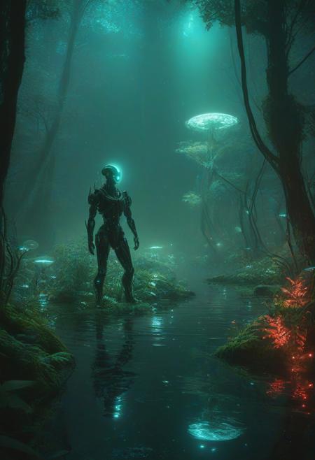 Ultrarealistic. sharp focus, dynamic lighting. play of light, reflection, refraction, Raytracing, Ultra detailed. Alien themed. Alien scenery. alien scenery background. alienworld. A gorgeous female robot in an alien forest. surrounded by ice.enchanting, cosmic, celestial, ethereal, vibrant flora, magical, luminous, serene, dreamy, radiant, bioluminescent, intricate details, surreal, enchanted forest