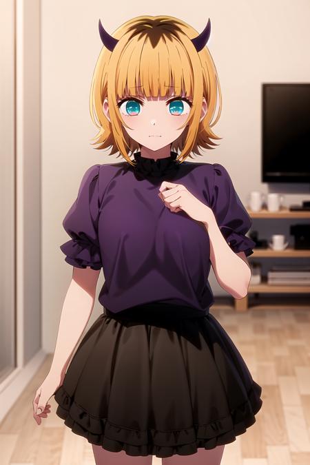 best quality, masterpiece, detailed,
<lora:OshiNoKo_MEMcho:0.8>, memcho,
closed mouth,
short hair, blonde hair, multicolored hair, aqua eyes, blunt bangs, horns,
purple shirt, puffy sleeves, frilled sleeves, frilled skirt, black skirt,
standing, looking at the viewer,
indoors, living room