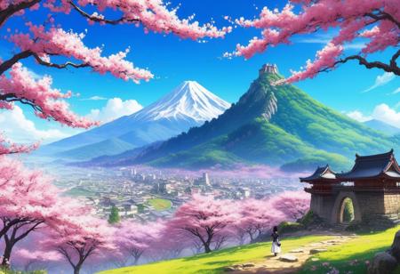 chef d'oeuvre, style anime, tranchant, pas d'humains, paysage parfait, montagnes, arbres cerisiers sakura en fleur, ruines, vibrant, coloré