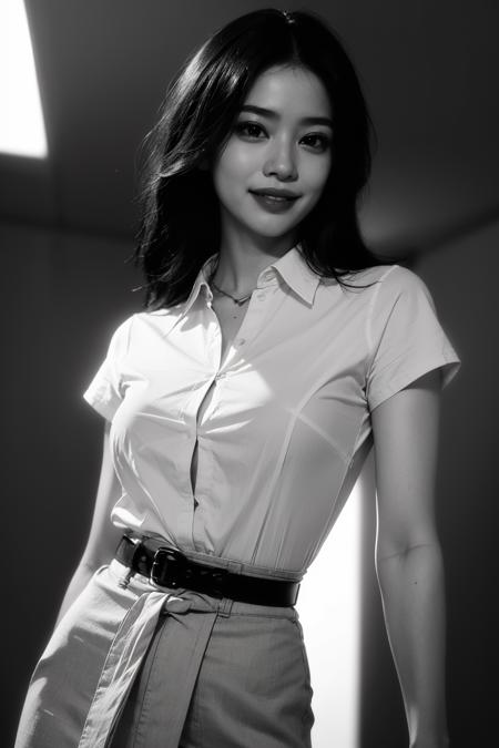 best quality, masterpiece, (photorealistic:1.4), 1girl, light smile, shirt with collars, waist up, dramatic lighting, from below <lora:tangbohu_blurbg:3>  <lora:blackandwhite:0.7>