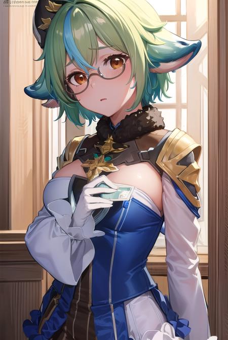 sucrose, <lora:sucrose-lora-nochekaiser:1>,
sucrose, ahoge, animal ears, (brown eyes:1.5), glasses, gradient hair, hair between eyes, messy hair, multicolored hair, semi-rimless eyewear, short hair, green hair, <lora:yudedako_v100:1>, embarrassed,
BREAK frills, fur collar, gem, gloves, green thighhighs, long sleeves, thighhighs, white headwear, zettai ryouiki, skirt, blue skirt,
BREAK indoors, laboratory,
BREAK looking at viewer, (cowboy shot:1.5),
BREAK <lyco:GoodHands-beta2:1>, (masterpiece:1.2), best quality, high resolution, unity 8k wallpaper, (illustration:0.8), (beautiful detailed eyes:1.6), extremely detailed face, perfect lighting, extremely detailed CG, (perfect hands, perfect anatomy),