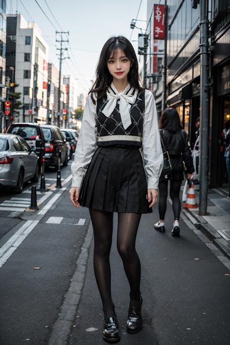 best quality, quality, masterpiece, photorealistic, 1girl, solo, full body, slime girl, dating attire, pantyhose, depth of field, in street, tokyo, cityscape, detailed background, <lora:dating_attire_style1_v1:0.75>