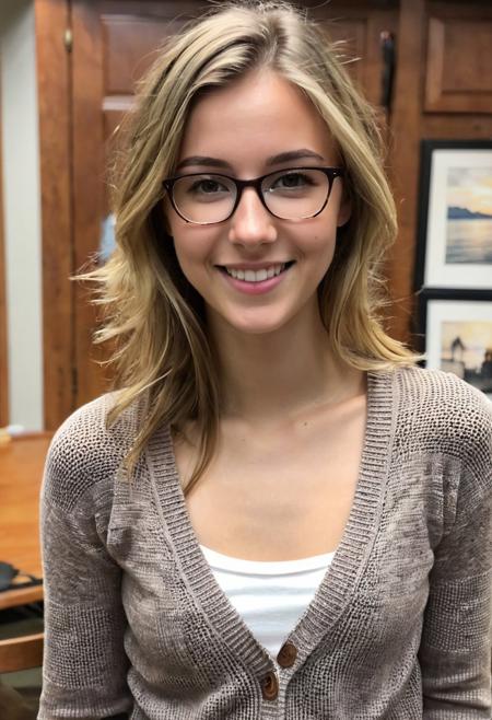 18 year old, European, woman, b cup breasts, 100 lbs, curdled hair, brown hair with blonde highlights, slight frekels, nerdy, sexy, wearing nothing but an open cardigan