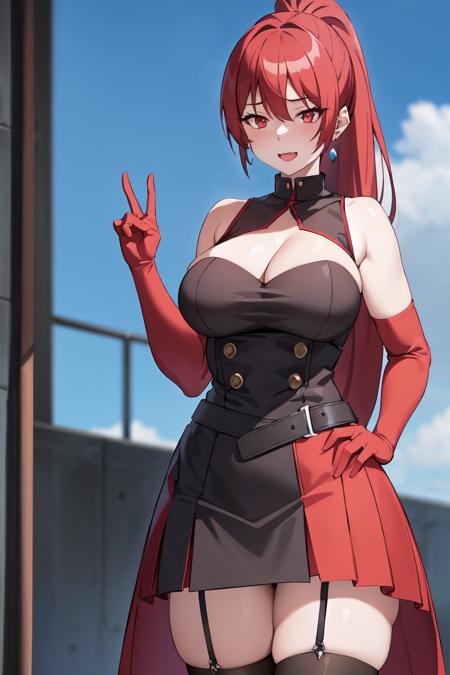 1girl, bangs, bare_shoulders, blue_sky, blush, breasts, cleavage, cloud, cloudy_sky, day, earrings, eyebrows_visible_through_hair, garter_straps, gloves, hand_on_hip, jewelry, large_breasts, long_hair, looking_at_viewer, open_mouth, outdoors, ponytail, red_eyes, red_gloves, red_hair, skirt, sky, solo, thighhighs
maya Ikusaba <lora:Maya IkusabaV3:0.7> ((best quality)), ((masterpiece)), (detailed), smile,
(interview:1.3), (dark background, fire:1.3)