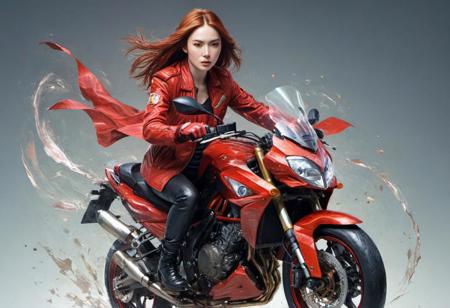 by Yusuke Murata, Karen Gillan
 , female fighter, red jacket, riding a big sport motorcycles, (unlined, Double Exposure but extremely beautiful:1.4), (intricate details, masterpiece, best quality:1.4) , in the style of nicola samori, tony wong style 2D art, Vibrant, dynamic, arcade, 2D fighting game, highly detailed, reminiscent of long hu men series,, looking at viewer