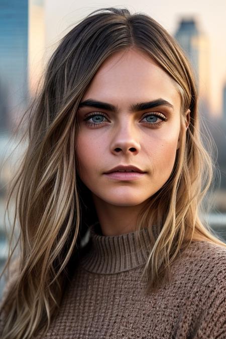 beautiful woman (carad3l:.99) with a (soft smile:1.2), beautiful hair, ((portrait)), (closeup:1.2), ((from the waist up)), posing for a picture ((on a rooftop with skyscrapers in the background at night:1.2)) , natural skin texture, (wearing a brown sweater:1.2), 24mm, 4k textures, soft cinematic light, adobe lightroom, photolab, hdr, intricate, elegant, highly detailed, sharp focus, ((((cinematic look)))), soothing tones, insane details, intricate details, hyperdetailed, low contrast, soft cinematic light, exposure blend, hdr, faded, now, ("I've got a bad feeling about this.":1.1)