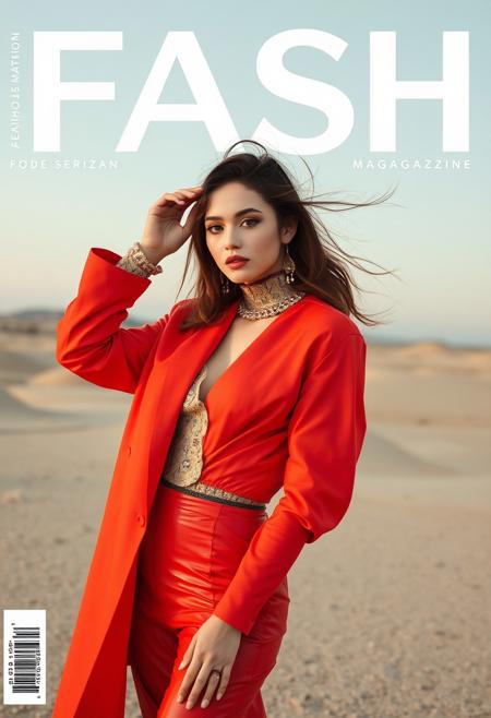 FASH Fashion Magazine Cover with the word 'FASH' displayed in clean white sans-serif font, A striking abstract fashion shoot featuring a beautiful supermodel in weird clothes, weird locations, weird poses, weird make up