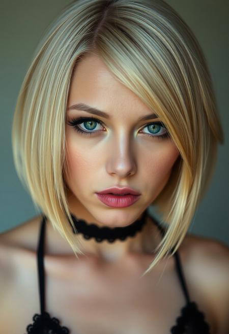 woman, blonde bobcut hair, parted half hair, green and blue eyes, eyeliner, gothic