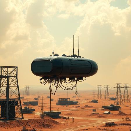 ultra high resolution, masterpiece, best quality, small featureless boxy glossy black  spacecraft with a textured surface hovering low to the ground, underneath the spacecraft are cables hoses and wires, antennas on top, cables hanging from below, rectangular in shape, futuristic world, post apocalyptic landscape, ((low concrete buildings:1.3)) anti gravity, in the atmosphere, sky, clouds, ground visible, hovering, dry, ((dusty)), bleak landscape, parched, orange light, sunlight, square shapes, bleached colors, scattered destroyed industrial buildings, powerlines and towers