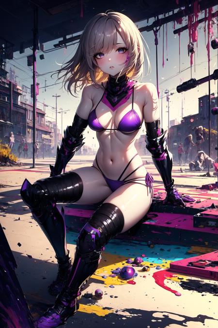 (masterpiece), best quality, 1girl, original, (purple bikini armor), black Skating Dress, full body, face, tired, desirable, lying, grey eyes, yellow hair, abstract landscape gym <lora:S12 v4 e0.6_28800:1>