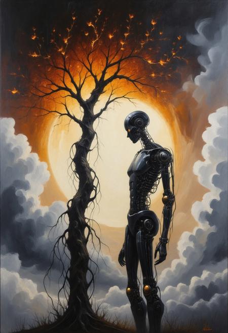 Dark foreboding painting of a cyborg standing under a tree, the sky is burning, by Laura Iverson.