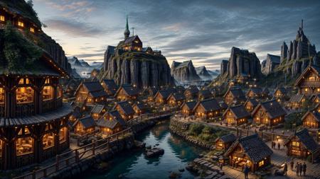 <lora:XSArchi_127:0.3> a photograph of fantasy viking tribal cities, ((nordic, villages, family:1.3)), (stone, ethnic engraving), neanderthal and homo sapiens war, fjord, market, bear, majestic apartment, tree house, golden cities, wonderful cinematic, futuristic, scifi, magical, <lora:djzMarketplaceV21:0.2> marketplace style, crowd, people, standing, building, pottery, garden, ((perfect quality)), <lora:add_detail:1>