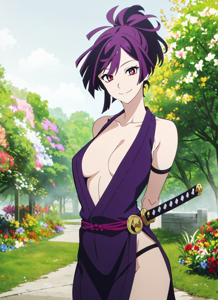 <lora:hellsparadise_style_offset:1> hellsparadise style, 1girl, solo, purple hair, breasts, sword, weapon, flower, medium breasts, red eyes, cleavage, arms behind back, smile, japanese clothes, katana, purple eyes, ((masterpiece))