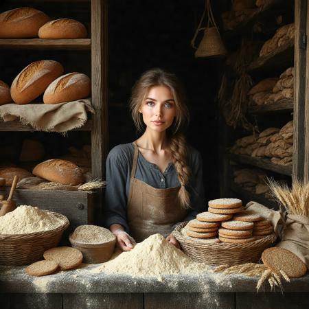 Low-angle view of a weathered oak door creaking inward, warmth and yeasted grain-scent spilling into dim streetlight. Shelves loom with cracked-crust rye loaves, burlap sacks spilling spelt flour, oatcakes studded with barley. Dutch Golden Age chiaroscuro (reminiscent of Vermeer’s textural intimacy) bathes a flour-dusted counter: tarnished brass scale, hand-carved coin box, linen cloth tenting lumpy oat biscuits. Centered, a broad-shouldered woman—ash braid coiled like rope, apron smudged with charcoal-grey rye—fixes steel-blue eyes on the viewer. Palette: burnt umber shadows, wheat-gold highlights, hearthstone greys. Textures: coarse linen, gritty stone, flour-kissed skin. Mood: austere comfort, where labor and sustenance intertwine.