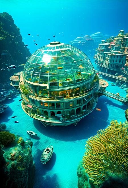 future, Cinque Terre buildings in underwater biodomes underwater, in the sea, fish, wide shot, drones, cyberpunk, (intricately detailed, fine details, hyperdetailed), raytracing, subsurface scattering, ((muted colors)), diffused soft lighting, shallow depth of field, by (Oliver Wetter), by Stanley Kubrick, photographed on a Canon EOS R5, 28mm lens, F/2.8, sharp focus bokeh