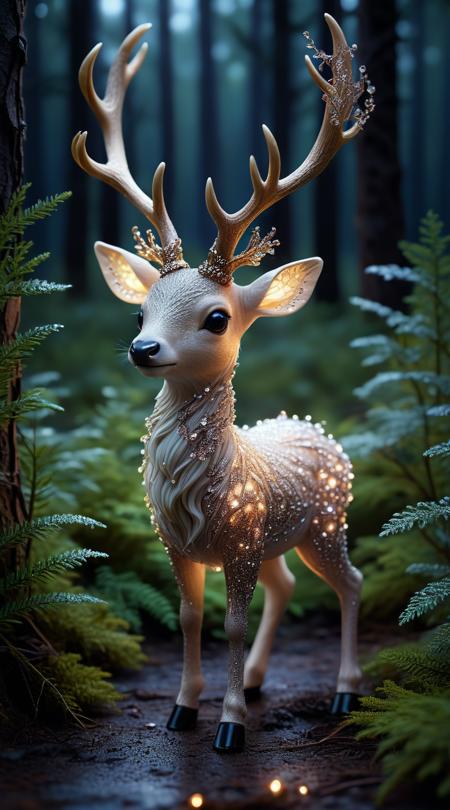 A tiny, elegant creature with velvet fur and antlers of twisted crystal, glowing subtly in the twilight, tiptoes through the forest underbrush, leaving a soft sparkle trail.<lora:add-detail-xl:1>