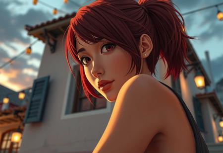professional cgi anime render, up-scaled, close-up, low, angle, tanned skin asian woman, midlife, sporty, short red hair, natural skin, no make-up, dreaming looking in the camera, leaning on a wall, of a house, in a mediteranian town, late after sunset, fine clouds, dimm lanterns, warm color grading, detailed line art, hyper detailed, surreal,