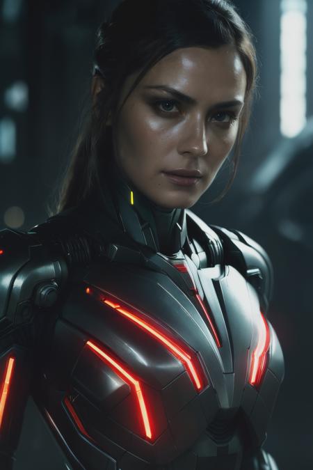 ssm, ((best quality)), ((masterpiece)), (detailed), Midjourney Style, close-up, woman, robot, red eyes, concept art, inspired by Marek Okon, digital art, Crysis Nanosuit, futuristic, (glowing elements:1.1), 4:3 aspect ratio, dynamic duo,<lyco:ShannynSossamon-RealVision-V1.0:1.0>