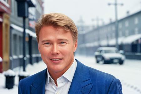 Portrait of Mika Hakkinen <lora:Mika Hakkinen V1:0.7>, suit and tie, dramatic, realistic, smile, high quality, intricate details, full body shot, street in Helsinki, winter, 4k, film grain, 1990's, retro