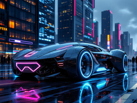 car but looks like Spaceship style cyberpunk supercar vehicle, in dark red and shiny gold color, the background is cyber city, massive wheels