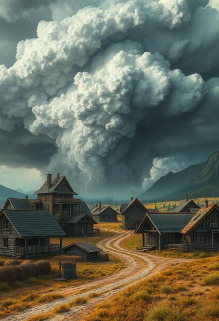 High detail, realistic style photo but with a bit of drawn elements, Surreal landscape of a fantasy village, houses made out of wood with dirt roads, hay stacks, well, different roofs, some houses are multi story, detailed whet field, at the background there is a huge storm coming consuming the calm skies, surreal thunders coming out of that detailed sky, far from a peaceful village, corrupt ground under the storm far away, great sense of scale, mountains to the right side of the frame, UHD, very good quality, trending on artstation, slight fog,