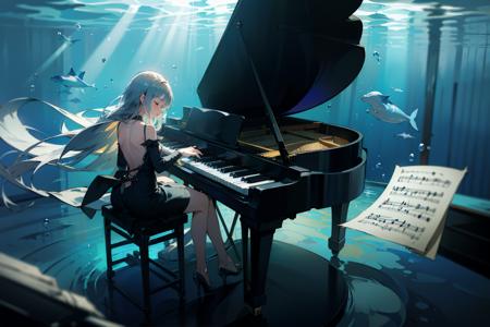 (masterpiece:1.3),(best quality:1.2),8k,absurdres,unity 8k wallpapper,(extremely detailed:1.3),highestres,
1girl,backless black dress,(playing piano:1.2),sitting,chair,(Entranced:1.3),realistic,dim light,light beam,performance,(god rays:1.1),(floating papper:1.3),music score,(floating long hair:1.2),closed eyes,Black high heels,blury,<lora:classic_piano-10:0.7>,blue theme,fish,(whale),(underwater:1.2),bubble, floating clothes,