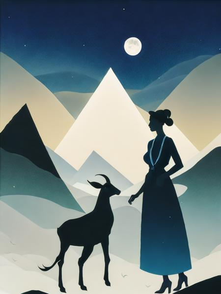 <lora:LotteReiniger:1>a woman standing next to a goat in front of a mountain scene with a full moon by Lotte Reiniger