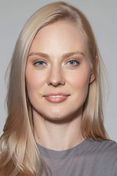 1girl, solo, looking at viewer, gray tee, simple background, female focus, photorealistic, soft colors, masterpiece, high quality, (high detailed skin:1.1)
 <lora:deborah_ann_woll_lora_v01:1> daw85, blonde hair