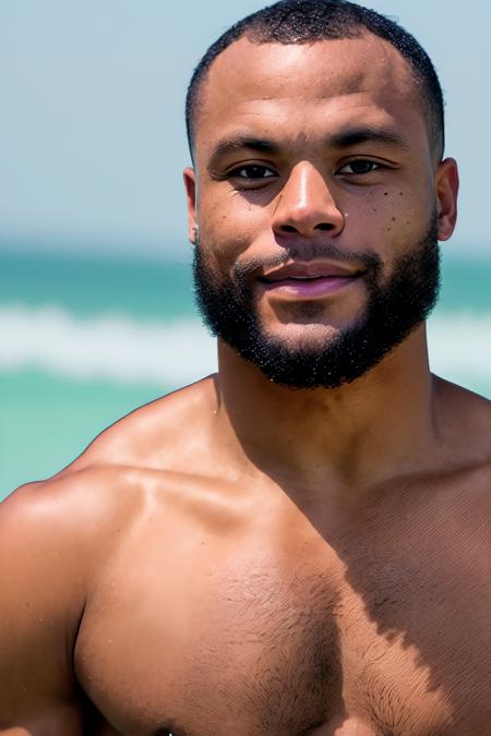 a photo of DPr35c0tt, a man, RAW, close portrait photo, (beard), topless, red shorts, beach in the background, (high detailed skin:1.2), 8k uhd, dslr, soft lighting, high quality, film grain, Fujifilm XT3 sharp focus, f 5.6