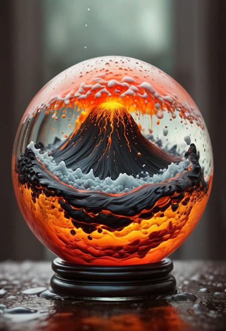 ultradetailed ultrarealistic, of a lava avalanche in a glass sphere, a perfect photography by Mark Mann and Ashraful Arefin ,muted wet colors, intricate artwork masterpiece <lora:hyperkraximalism_v1-1:0.25>