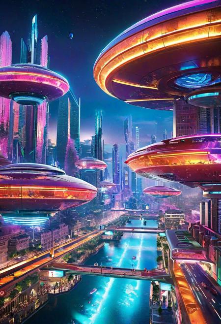 A mesmerizing futuristic landscape featuring a massive, floating city in the sky. The city is adorned with intricate and complex architectural structures, displaying a blend of modern and ancient design elements. Advanced technology illuminates the city in a vibrant array of colors, with bright lights dancing across the skyline. Floating platforms are interconnected, creating a sprawling network of transportation. Flying vehicles, in various shapes and sizes, crisscross the sky, adding to the dynamic and bustling atmosphere. Every detail captures the essence of a thriving, futuristic metropolis.